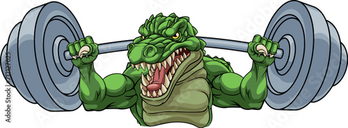 An alligator, crocodile or dinosaur weight lifting gym animal sports mascot lifting a barbell