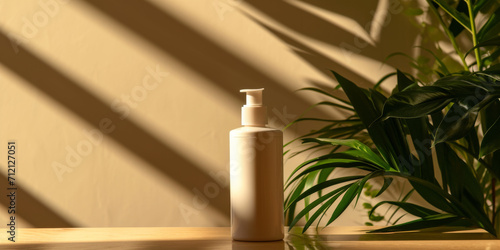 a container of lotion in front of a table, in the style of naturalistic shadows, generative AI