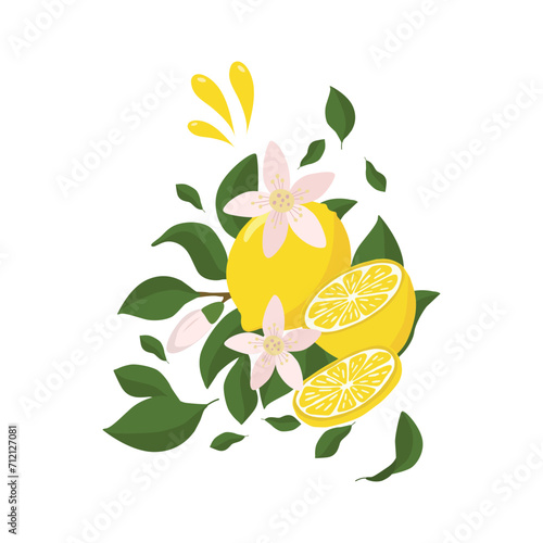 A bright composition of lemon twigs with a whole lemon half, sprinkled with lemon juice and decorated with flowers. Citrus composition. For the design of postcards, prints, stickers and other uses.