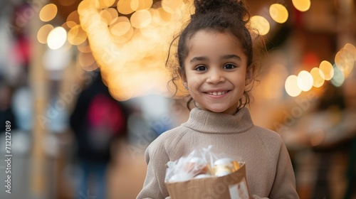 Happy child holding package for bottles photo