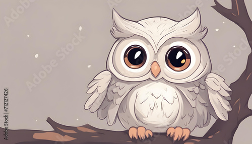 White owl on a branch in the night cartoon theme