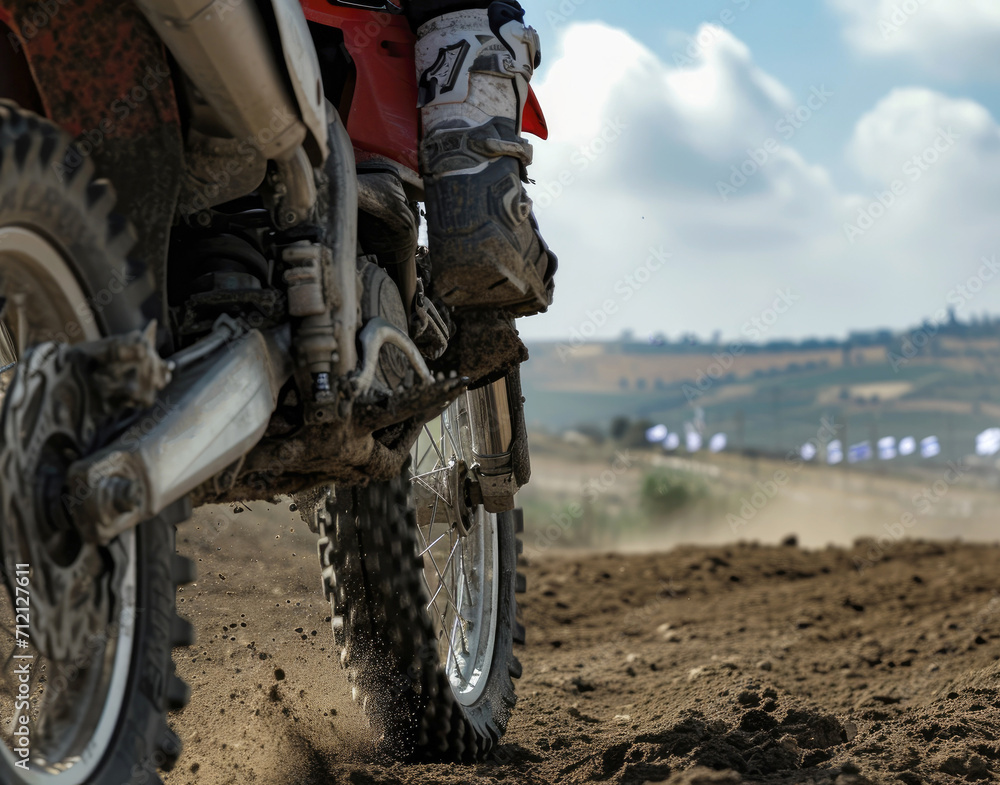 Motocross rider riding on dirt track closeup tyre Generative AI Motocross rider riding on dirt track closeup tyre Generative AI