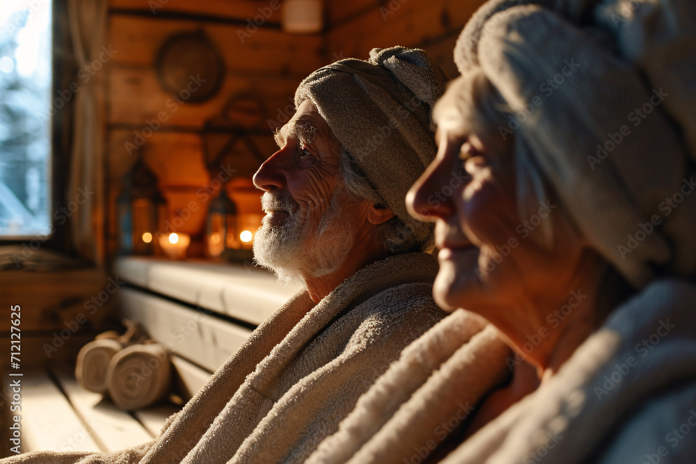 A portrait of an elderly couple sitting in a cozy sauna, wrapped up in towels and bathrobes.