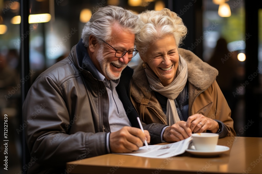 Senior couple enjoying a cup of coffee while reviewing their financial statements at a cafe, Generative AI Senior couple enjoying a cup of coffee while reviewing their financial statements at a cafe, Generative AI