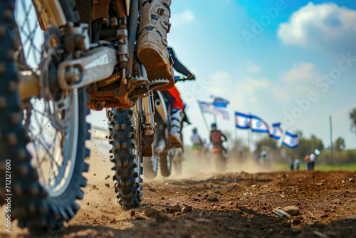 Motocross rider riding on dirt track closeup tyre Generative AI photo