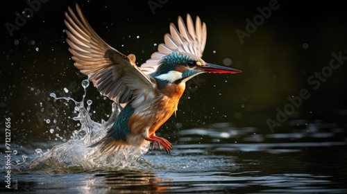 A kingfisher bird is flying over a body of water, Ai Generated