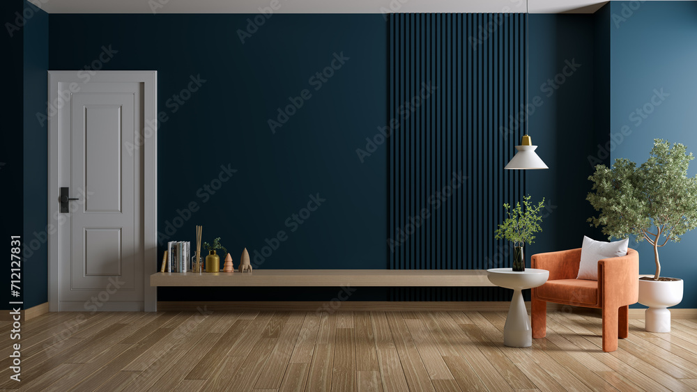 Dark blue color,TV wall with modern armchair and wood shelf in living room interior ,wall mockup ,3d rendering - obrazy, fototapety, plakaty 