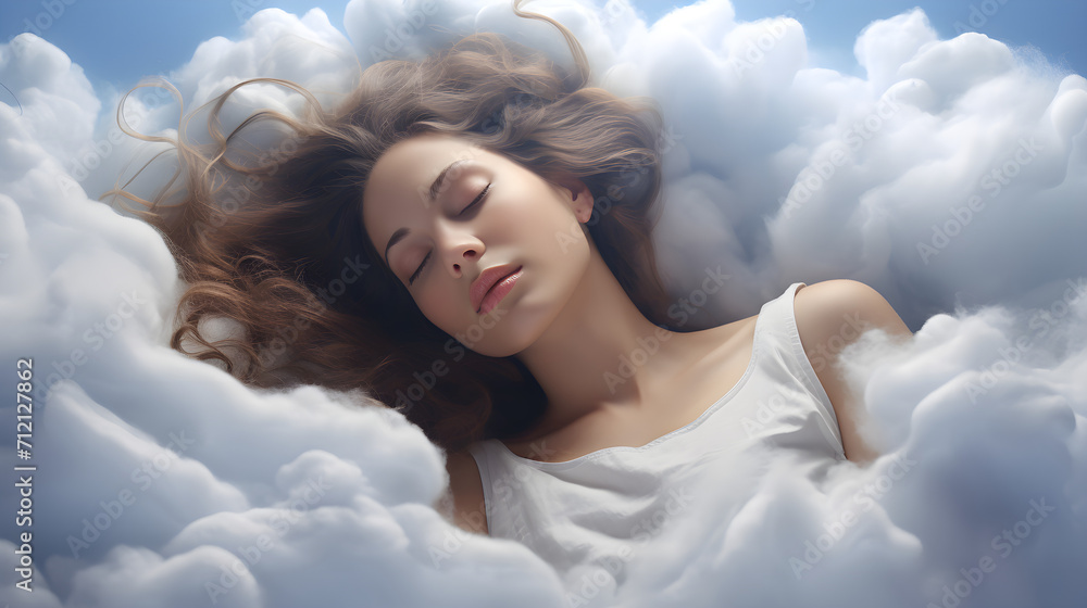 Concept of healthy sleep of a woman like in the clouds