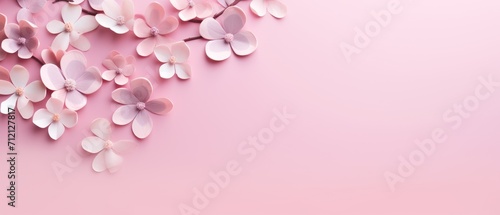 A charming arrangement of pink flowers and hearts on a pink backdrop, perfect for Mother's Day, Ai Generated. © Crazy Juke