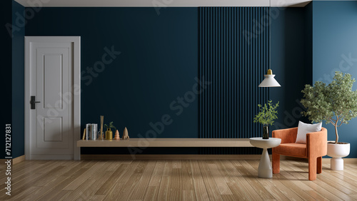 Dark blue color,TV wall with modern armchair and wood shelf in living room interior ,wall mockup ,3d rendering