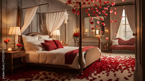 Romantic bedroom for lovers with bright red hearts and balls