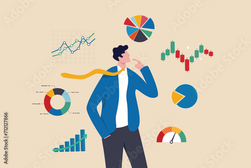Businessman financial data analysis, economic and growth diagram, stock market exchange data, investment analysis, growth earning income concept, businessman thinking with data chart and graph. photo