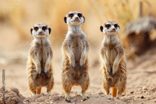 Fototapeta Curious meerkats standing upright on a sandy desert, alert and watchful