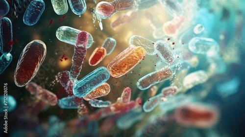 Probiotics Bacteria in Biological Science: Microscopic Medicine for Digestion, Stomach Health, Escherichia Coli Treatment, AI Generated