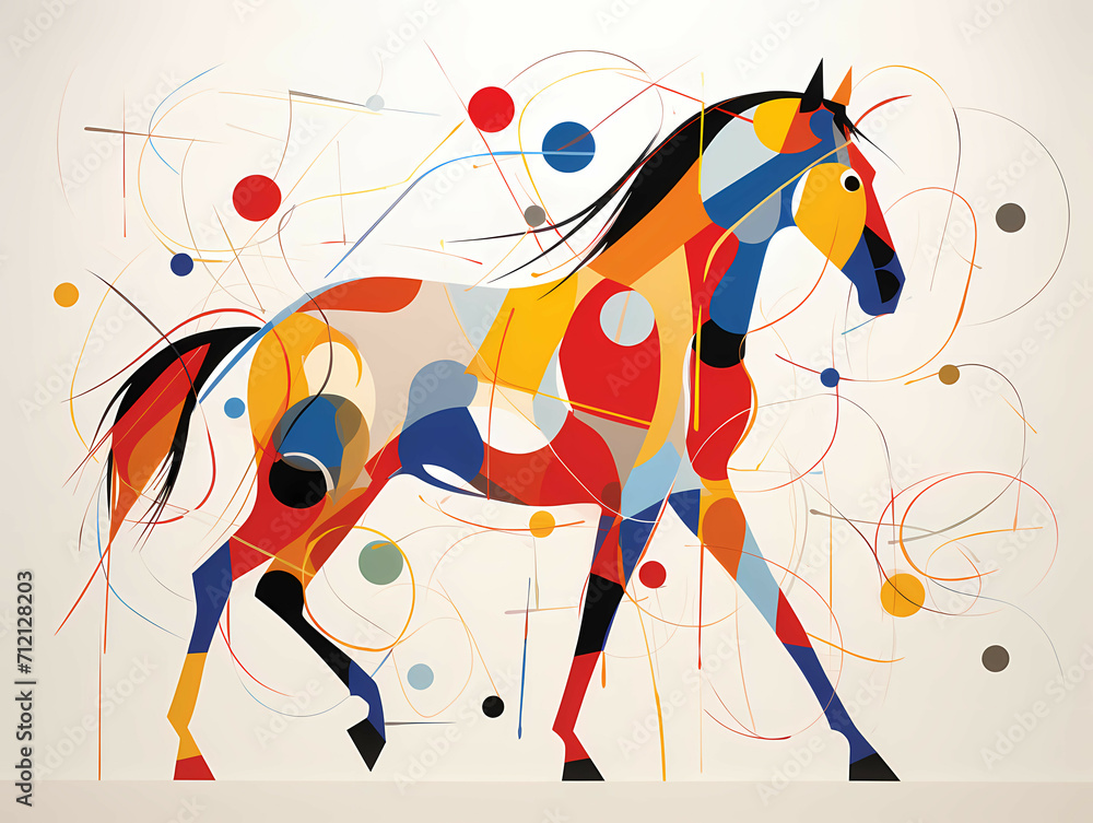 Obraz premium Minimalist Horse Line Art, A Colorful Horse With Many Circles And Dots