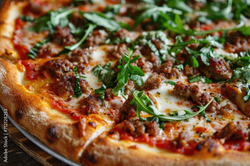 Detailed shot of an artisan pizza with a thin, crispy crust, topped with fresh ingredients Detailed shot of an artisan pizza with a thin, crispy crust, topped with fresh ingredients