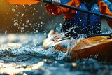 Detailed shot of a kayaker's paddle slicing through the water, highlighting the motion and effort in kayaking