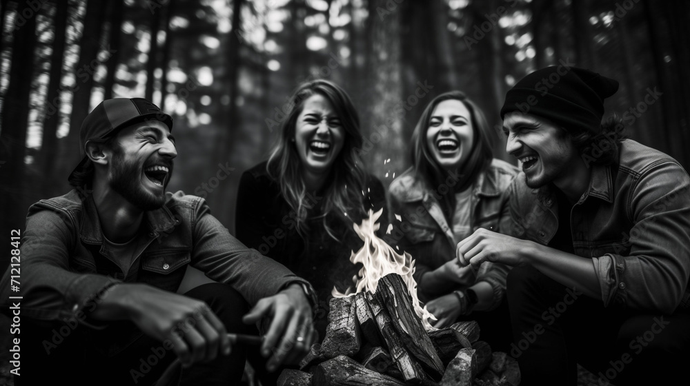 Group of young people having fun around a bonfire