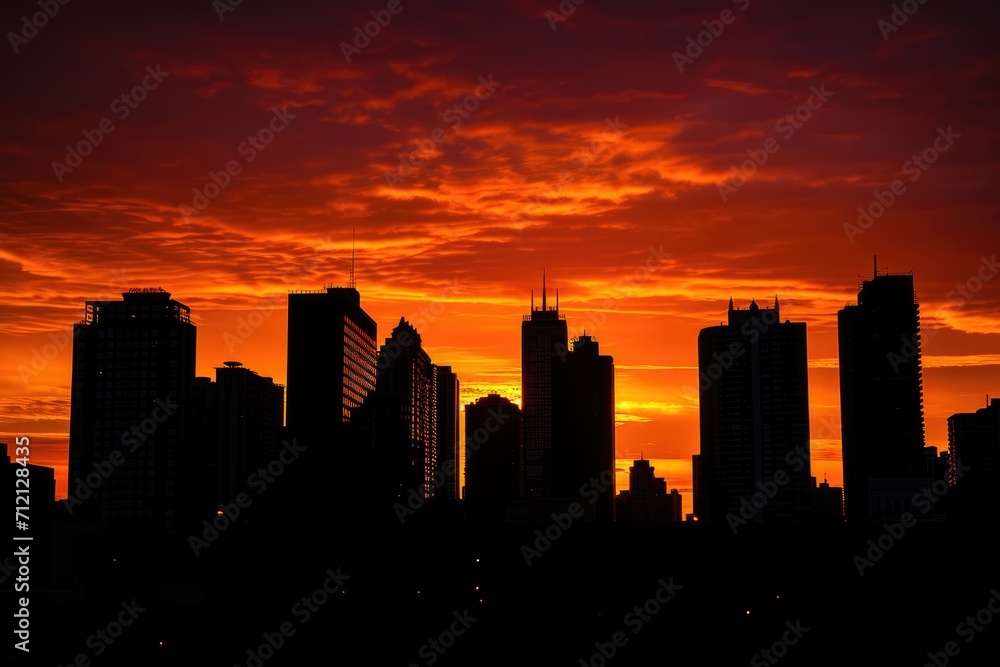 Dramatic silhouette of a city skyline during sunrise, with buildings outlined against the brightening sky Dramatic silhouette of a city skyline during sunrise, with buildings outlined against the brightening sky