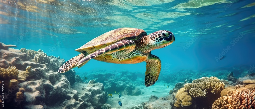 Fototapeta premium A green sea turtle swims in the blue ocean, Ai Generated
