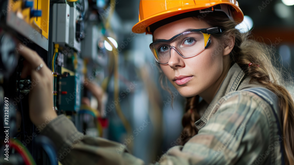 Female commercial electrician at work on a fuse box in factory, adorned in safety gear,genertative ai Female commercial electrician at work on a fuse box in factory, adorned in safety gear,genertative ai