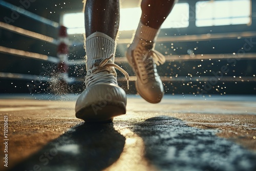 Extreme close-up of a boxer's shoes maneuvering in the ring, capturing agility and footwork photo