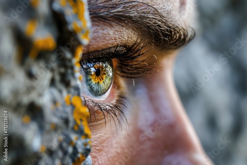 Extreme close-up of a rock climber's eye with reflection of the cliff face, reflecting focus and determination © furyon