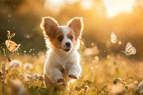Glimpse of a playful puppy chasing butterflies in a sunlit meadow