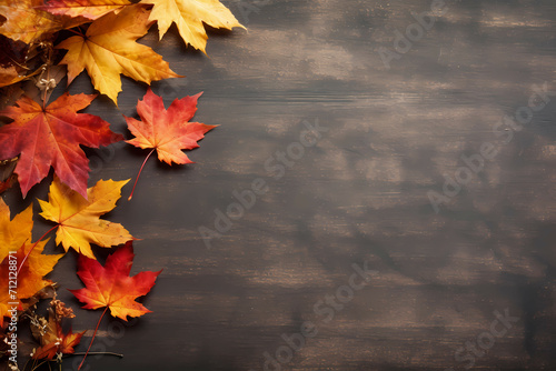 Autumn Background With Copy Space, A Group Of Colorful Leaves On A Wooden Surface