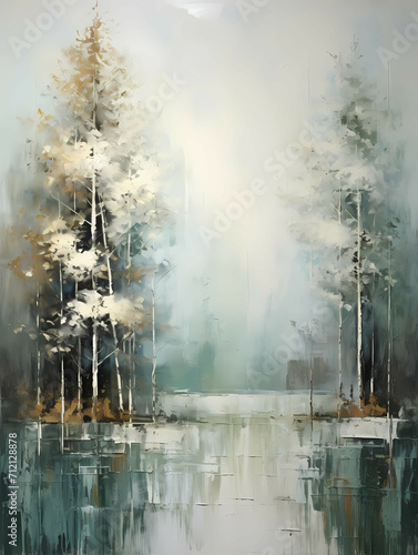 Painted Forest Of Trees In White, A Painting Of Trees In A Lake