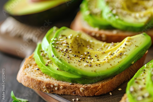 Macro shot of a freshly sliced avocado on toast, highlighting the creamy texture and vibrant green color