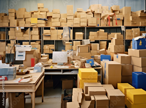 Stacked Cardboard Boxes in a Busy Warehouse, Ready for Shipping and Delivery © VICHIZH