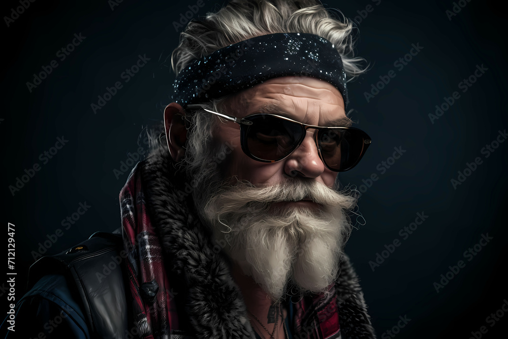 Portrait Of A Stylish Punk Santa, A Man With A White Beard And Sunglasses Portrait Of A Stylish Punk Santa, A Man With A White Beard And Sunglasses
