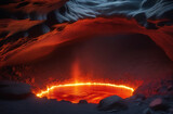 Underground cave with lake of magma. Hot fire cavern filled with lava. Photorealistic picture of rock grotto vaults illuminated by earth core heat.