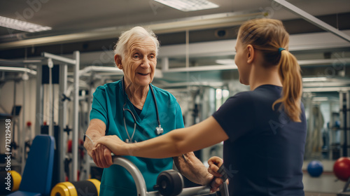 a hospital gym, where a nurse is assisting an elderly man with physical training exercises