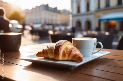 Breakfast view a bunch of croissant and a cup of coffee with cafe vibe background.breakfast concept