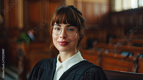 Cinematic Court of Law Trial: Portrait of Impartial Smiling Female Judge Looking at Camera. Wise, Incorruptible, Fair Justice Doing Her Job Professionally, Sentencing Criminals and Protecting Innocent photo