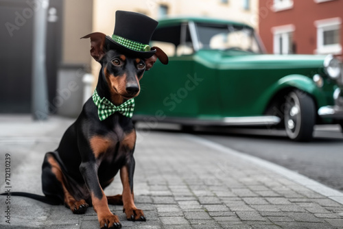 A dog, German Pinscher in a suit of green leprechaun hat on a city street decorated with a colorful parade, festival, car on the background, St. Patrick's Day (Ireland)