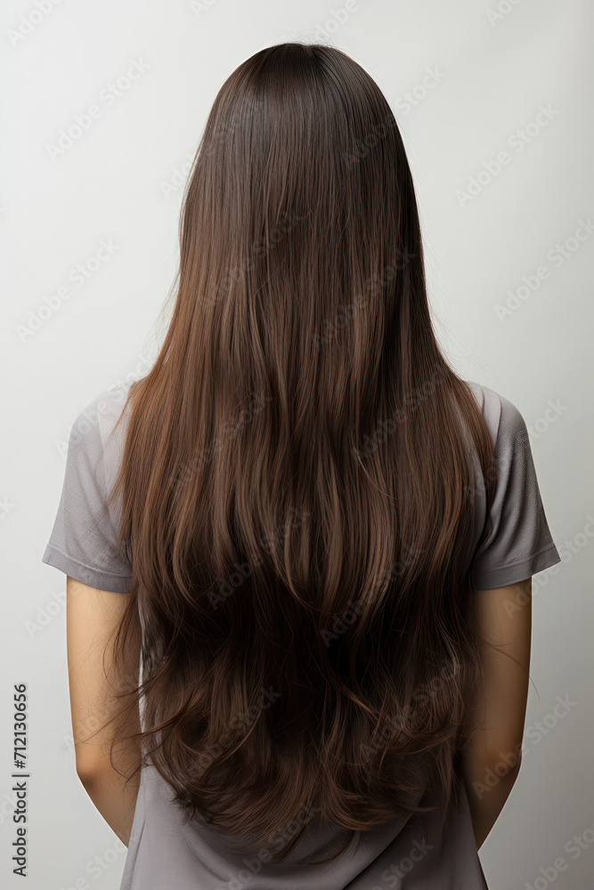 Elegant Back View of a Young Female Model with Long, Straight Hair in a White Studio Elegant Back View of a Young Female Model with Long, Straight Hair in a White Studio
