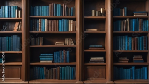 Wooden bookshelf full of vibrant blue colored books from Generative AI