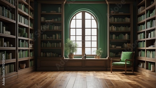 Wooden bookshelf full of vibrant green colored books from Generative AI