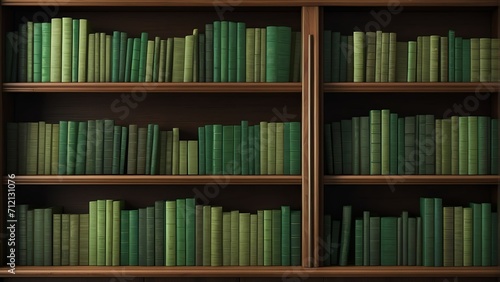 Wooden bookshelf full of vibrant green colored books from Generative AI