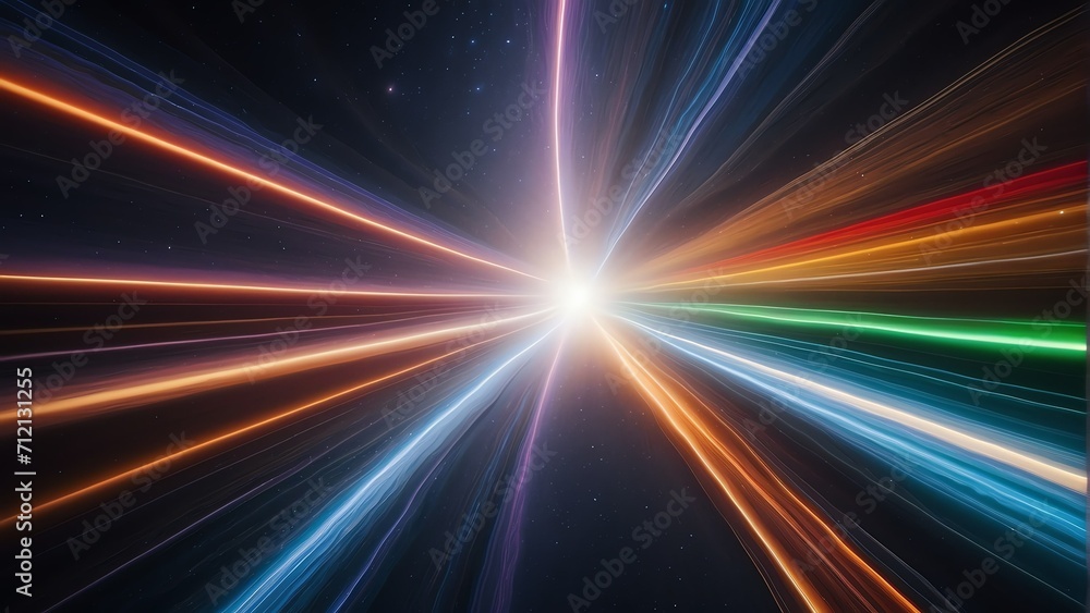 A background of light speed, hyperspace, and space warp, with vibrant streaks of rainbow colored light converging from Generative AI