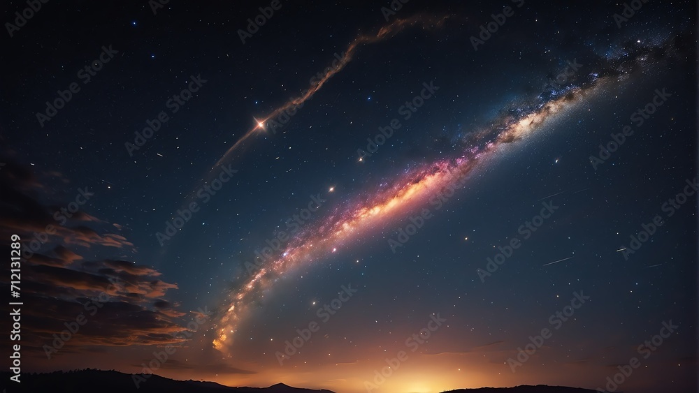 Bright colorful shooting falling stars on one direction of a cloudy night sky with visible stars and space galaxy from Generative AI