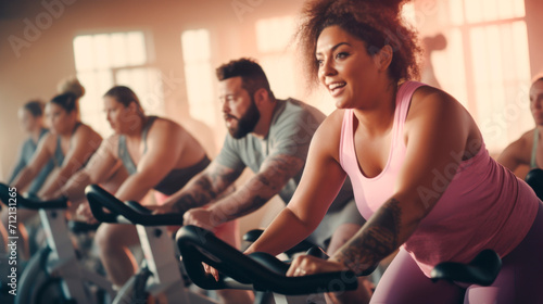 Black full woman with bright smile rides bike at fitness center, leading a group in a spinning class. Group fitness class. Losing weight and healthy lifestyle. Motivation and overcoming yourself