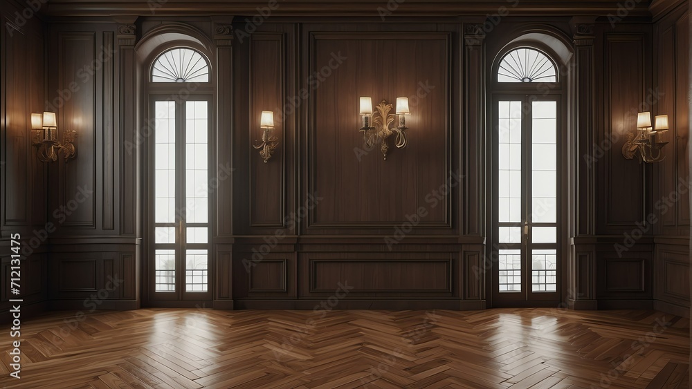 Crafted traditional wood paneling wall and floor with a classic premium vintage luxury texture on a frame and column pattern from Generative AI