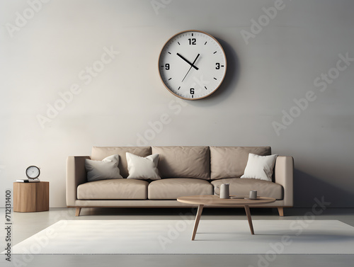 Living room with furniture and big wall clock
