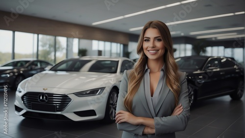 Smiling beautiful woman as professional sales agent in luxury showroom of auto dealership car office, ad concept for luxury from Generative AI