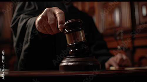 Court of Law and Justice Trial Session: Impartial Honorable Judge Pronouncing Sentence, striking Gavel. Focus on Mallet, Hammer. Cinematic Shot of Dramatic Not Guilty Verdict. Close-up Shot.