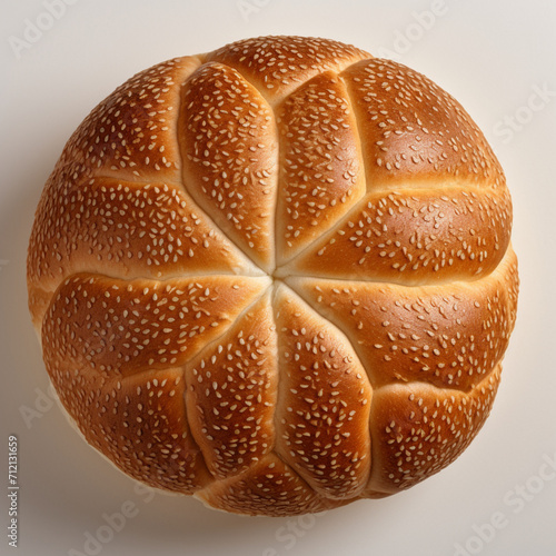 fotografia con detalle y textura de delicioso bollo de pan con semillas, sobre fondo neutro
